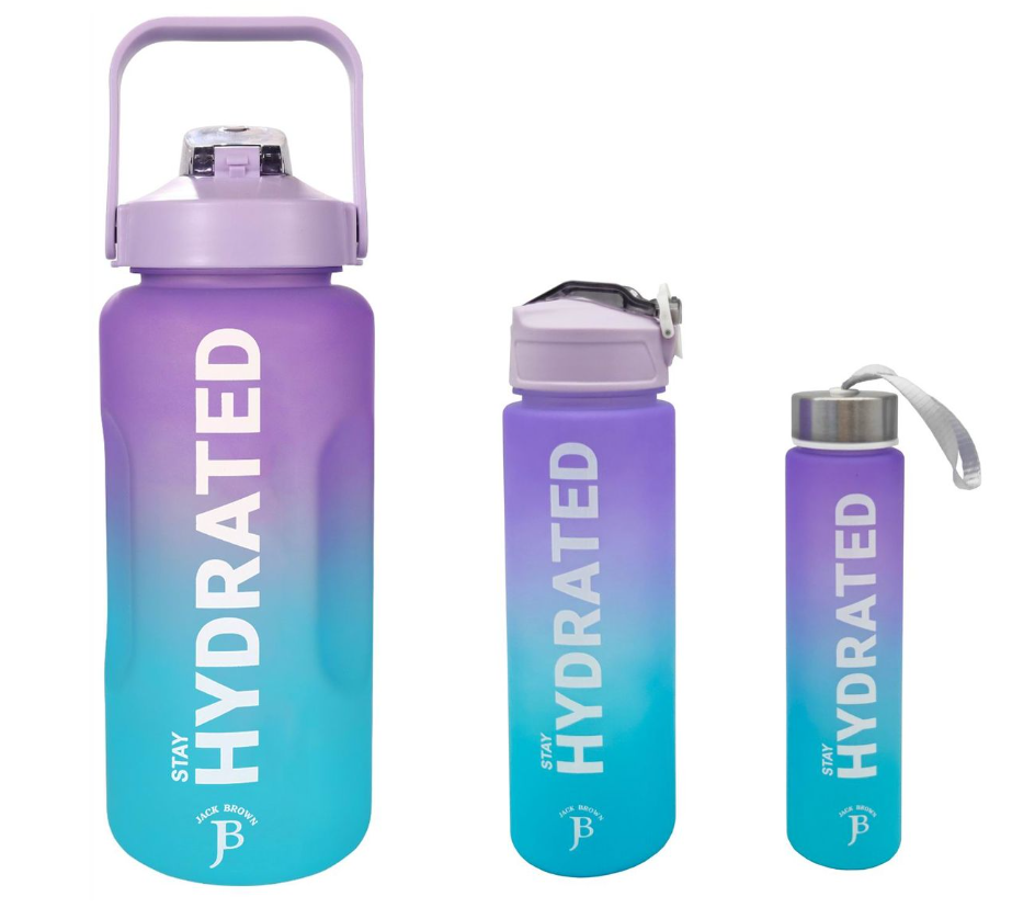 Jack Brown - 3-Piece Water Bottle with Motivational Time Markers - Leak Proof - Purple