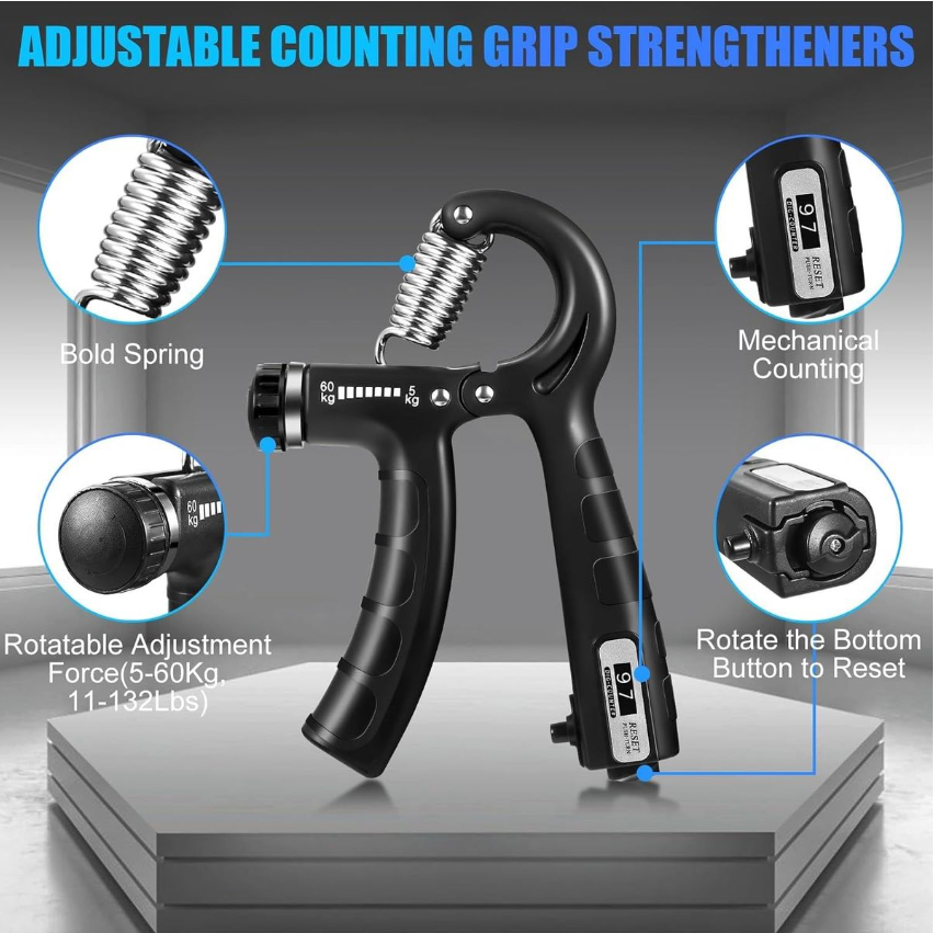 Jack Brown Hand Grip Strengthener with Automatic Count and Bag - 6 Piece Kit - Black