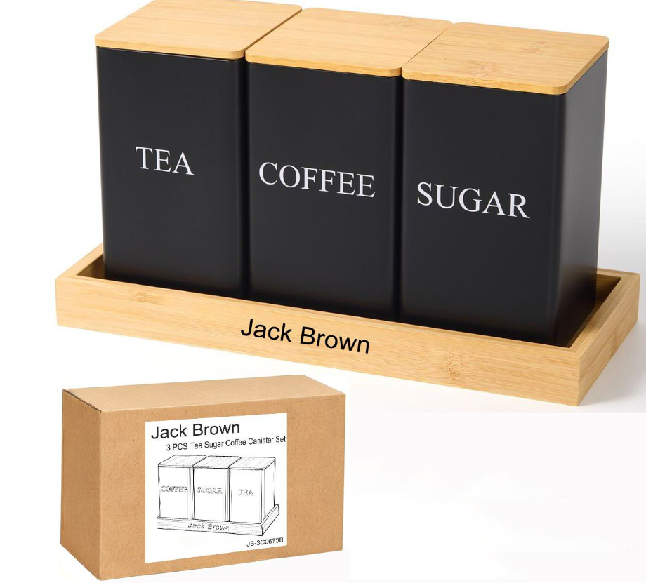 Jack Brown 3-Pc Coffee Tea Sugar Canister & Tray Countertop Tea Organizer - Black