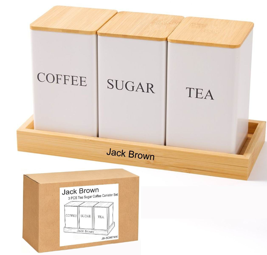 Jack Brown 3-Pc Coffee Tea Sugar Canister & Tray Countertop Tea Organizer - White