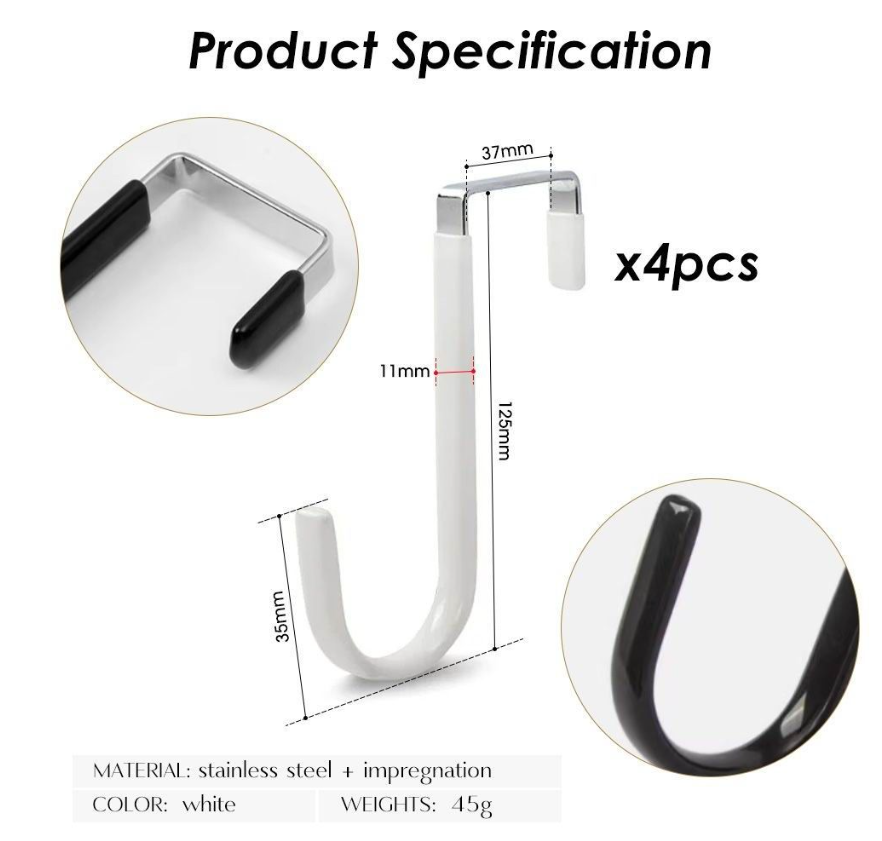 Jack Brown Strong Kitchen Bathroom Over Door Hanging Utility Hooks 4-Pieces - White