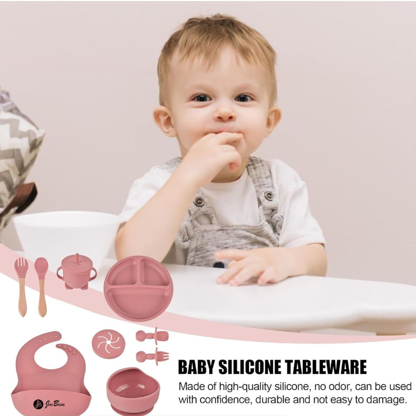 Jane Becker 10-Piece Silicone Baby & Toddler Feeding Set pink