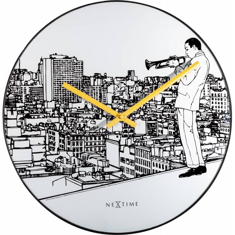 NeXtime 40cm Trumpet City Glass & Metal Round Wall Clock - White