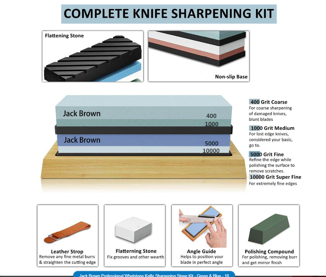 Jack Brown Professional Whetstone Knife Sharpening Stone Kit - Green & Blue - 10