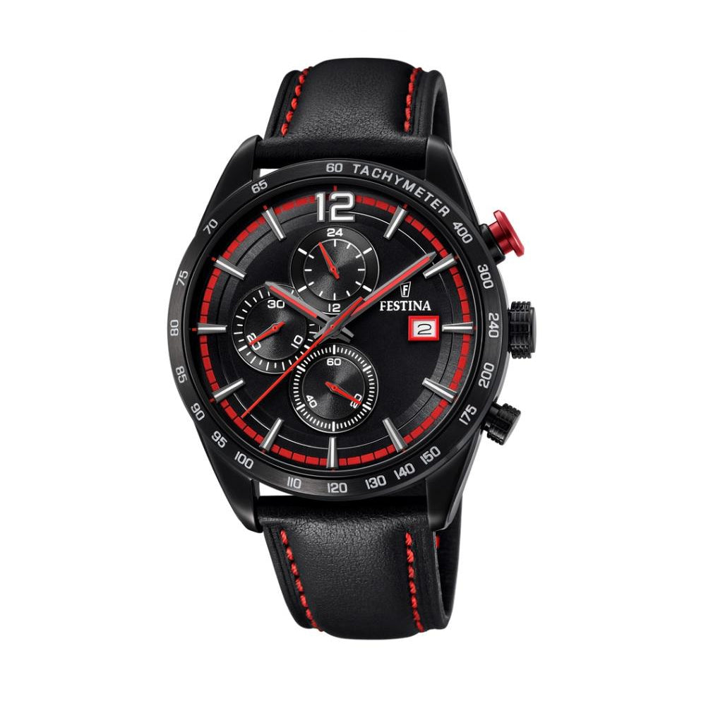 Festina Chrono Sport Analogue Men's Wrist Watch with Leather Strap - Black