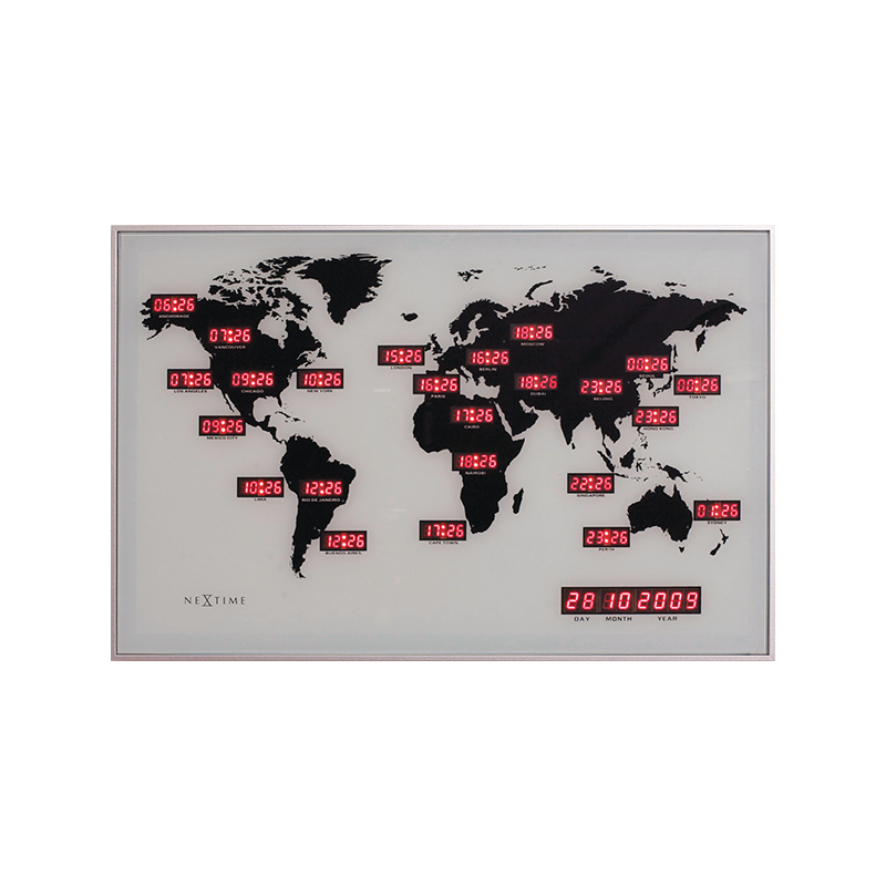 NeXtime 55cm World Time Digit Glass & Aluminum Rectangular Wall Clock