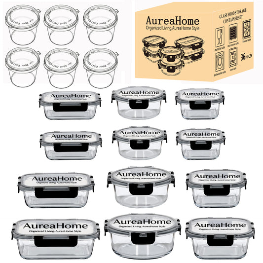 AureaHome 36-Piece Air-Tight Premium Glass Food Storage Set