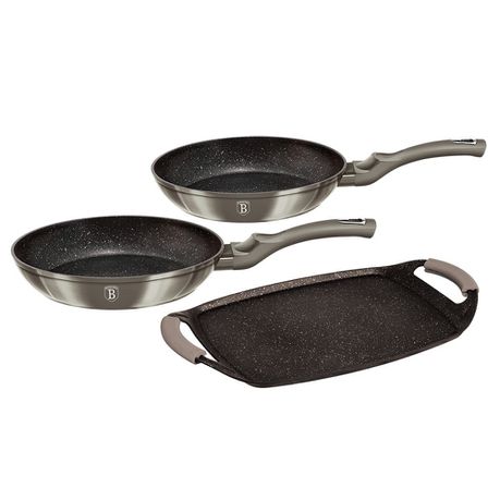 Berlinger Haus 3 Piece Marble Coating Frypan & Grill Plate Set - Carbon Metallic