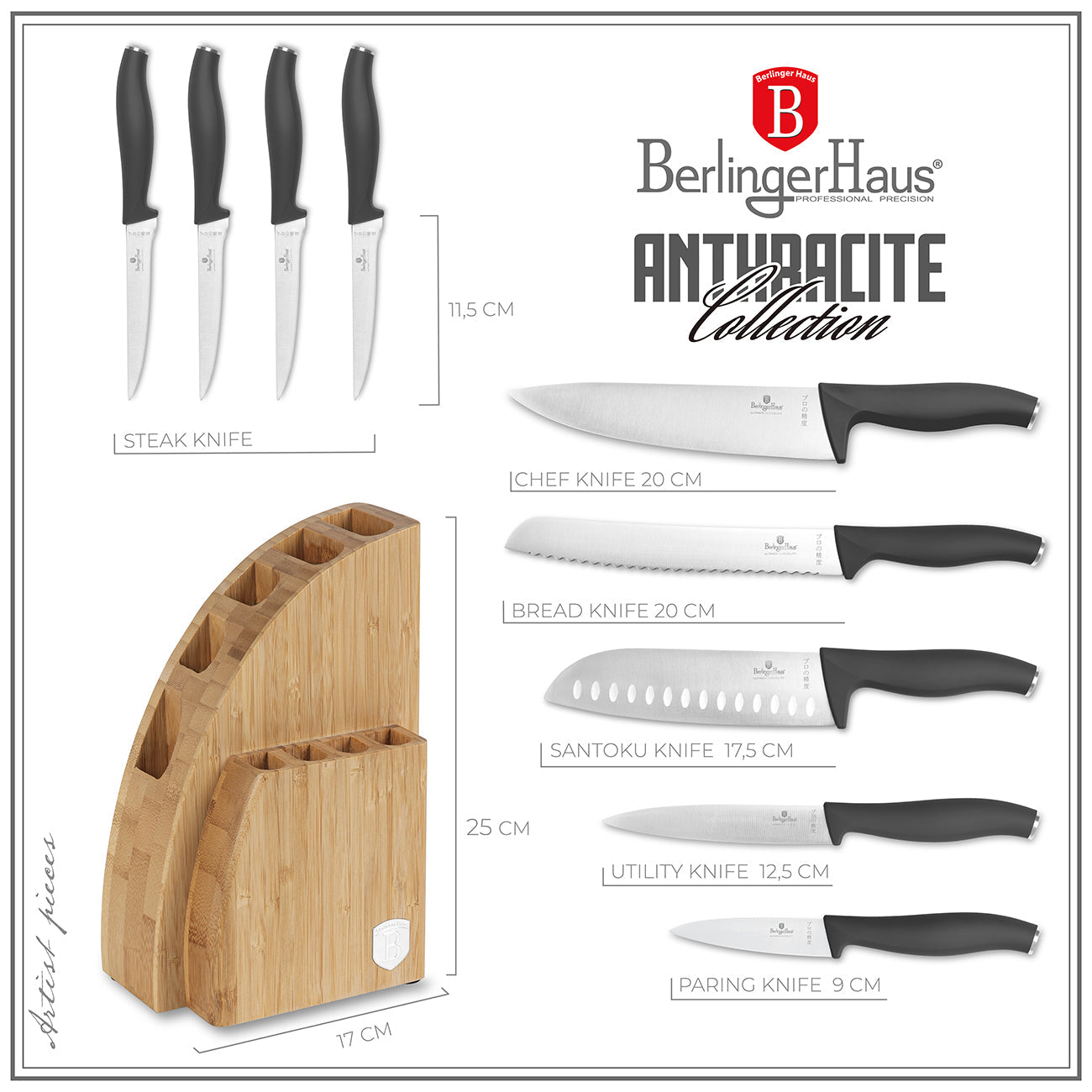 Berlinger Haus 10-Piece Knife Set with Bamboo Stand – Anthracite