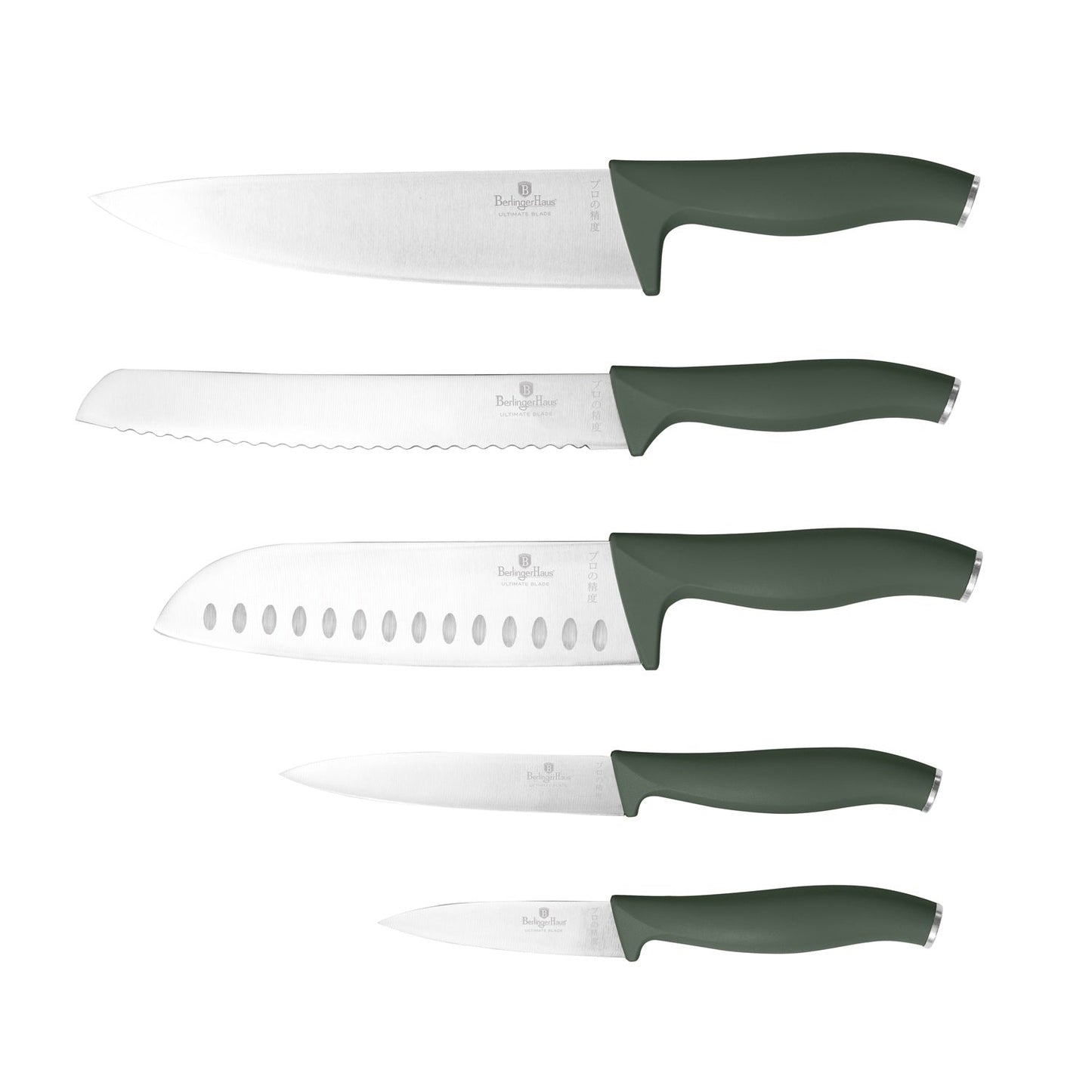 Berlinger Haus 6-Piece Stainless Steel Knife Set with Wood Magnetic Hanger - Matt Green