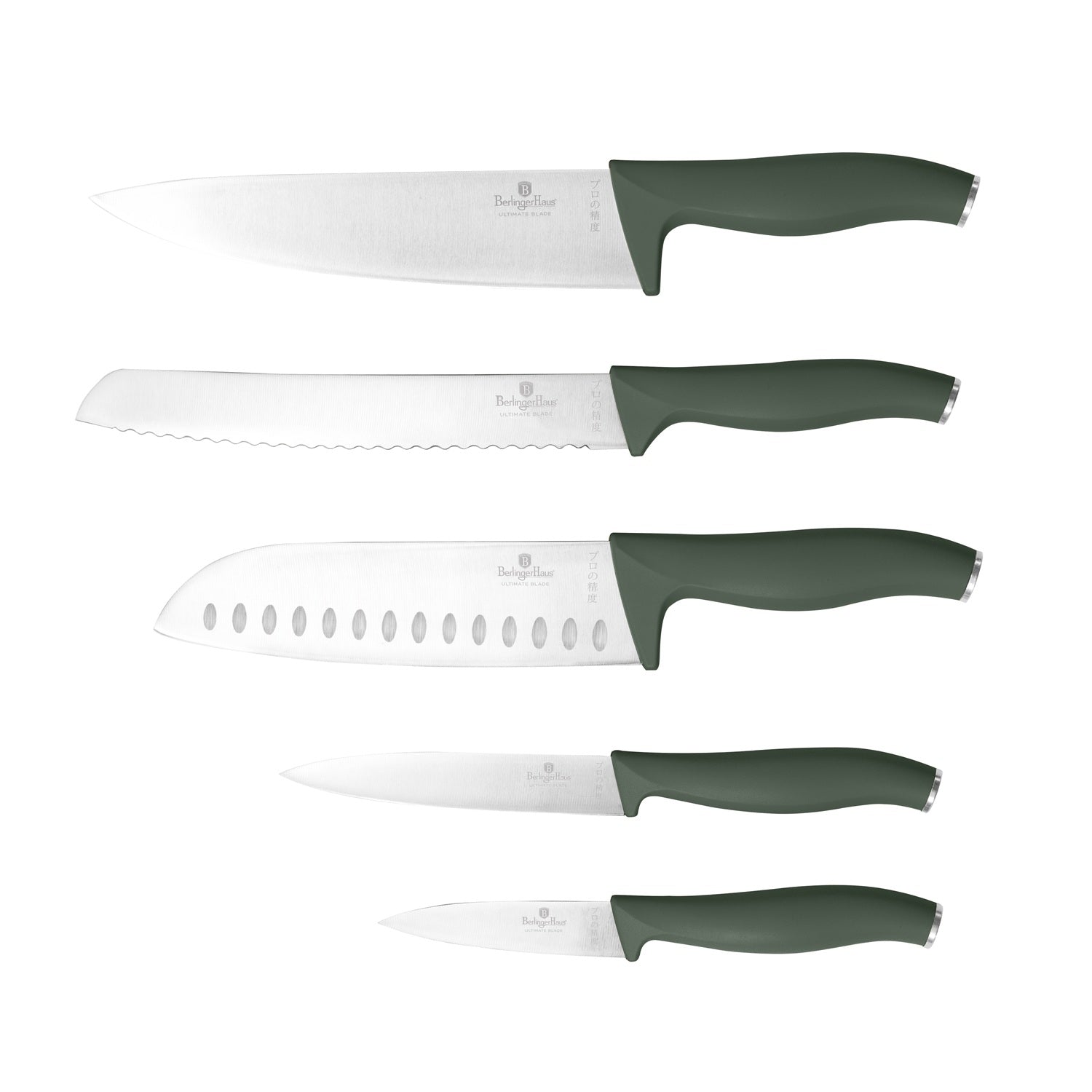 Berlinger Haus 6-Piece Stainless Steel Knife Set with Wood Magnetic Hanger - Matt Green