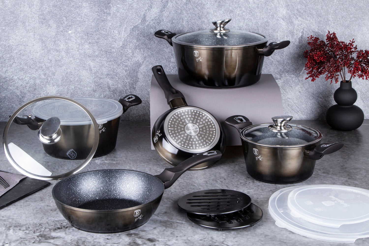 Berlinger Haus 13-Piece Marble Coating Smart Lid Cookware Set - Shiny Black