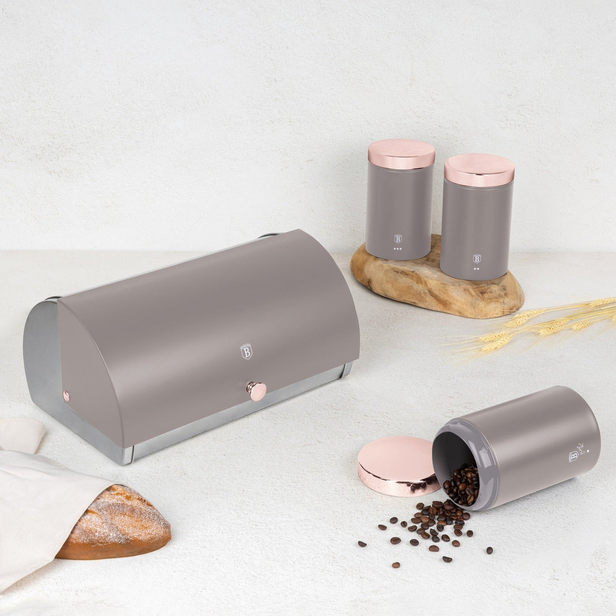 Berlinger Kit Berlinger Haus Bread Box with 3-Piece Canister Set – Taupe – Brands HOC
