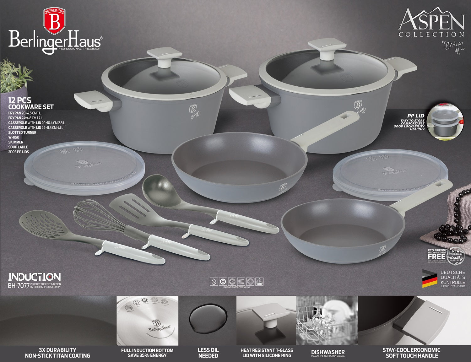 Berlinger Haus 12-Piece Marble Coating Smart Lid Cookware Set - Aspen