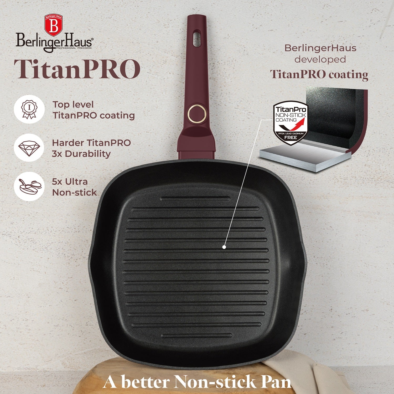 Berlinger Haus 28cm Titan Pro Non-Stick Coating Grill Pan with Lid - Leonardo