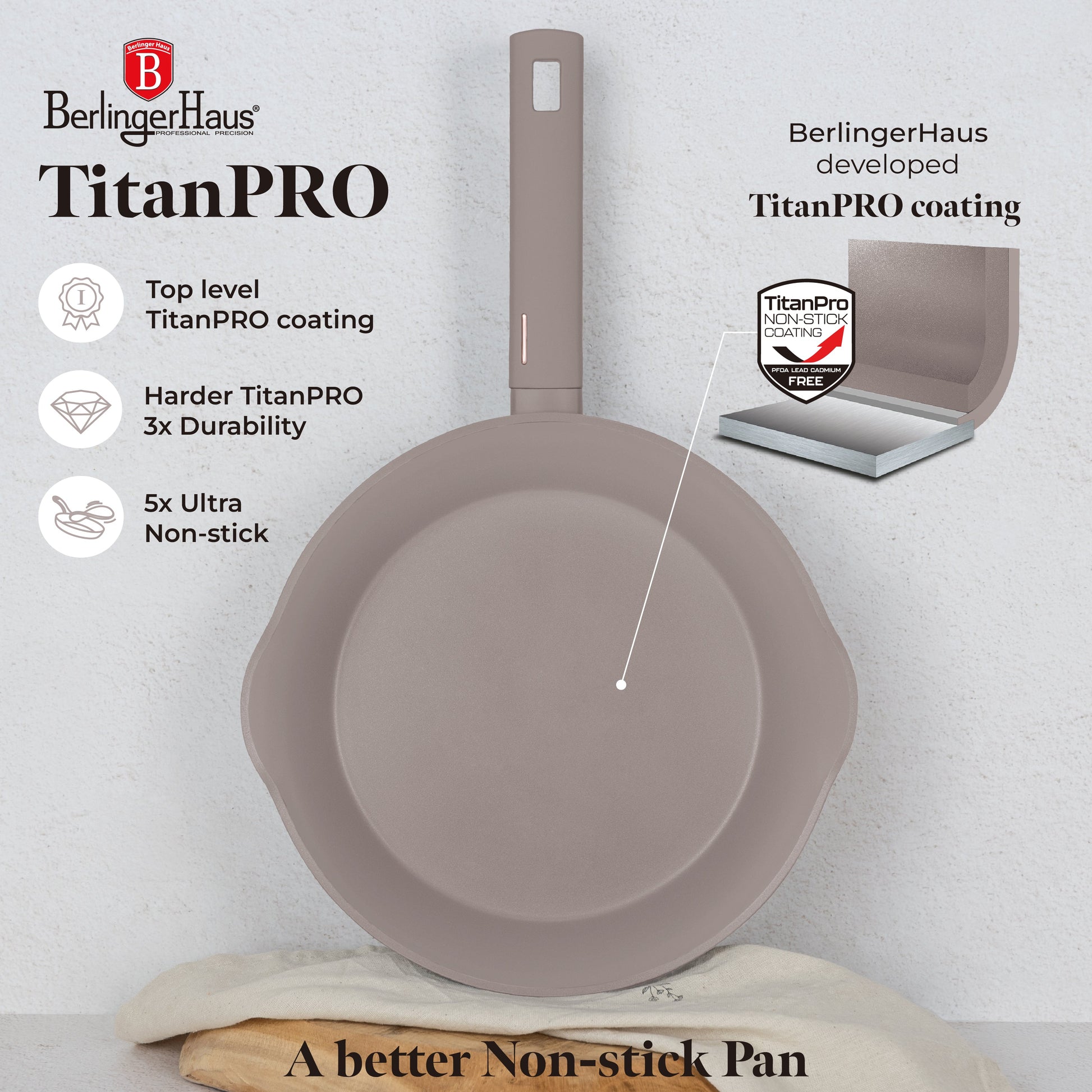 Berlinger Haus 28cm Titan Pro Non-Stick Coating Deep Frypan – Taupe