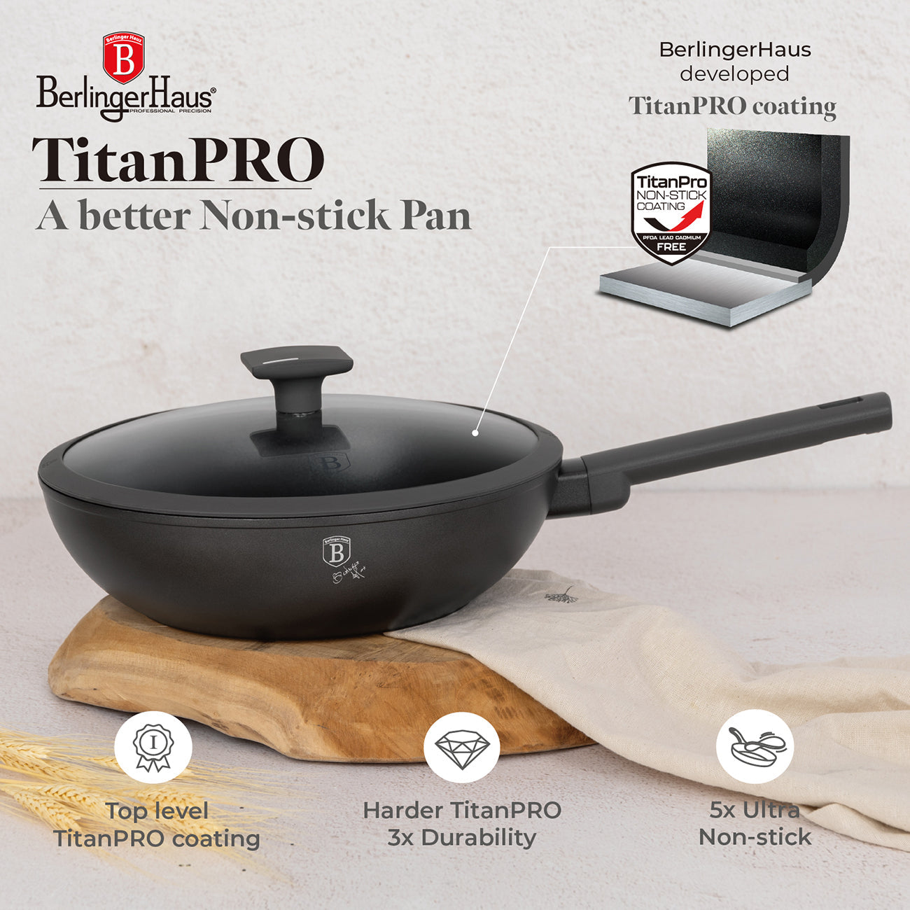 Berlinger Haus 28cm Titan Pro Non-Stick Coating Wok – Anthracite