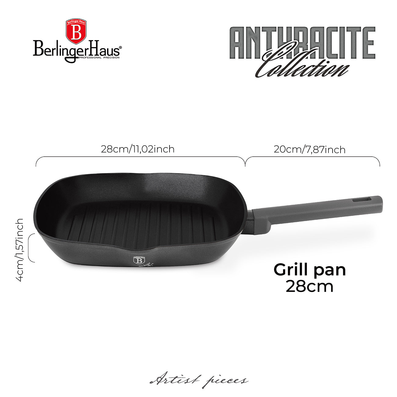 Berlinger Haus 28cm Titan Pro Non-Stick Coating Coating Grill Pan - Anthracite