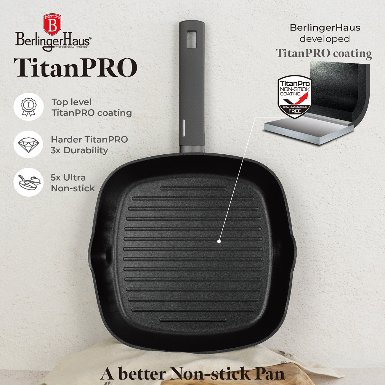 Berlinger Haus 28cm Titan Pro Non-Stick Coating Coating Grill Pan - Anthracite
