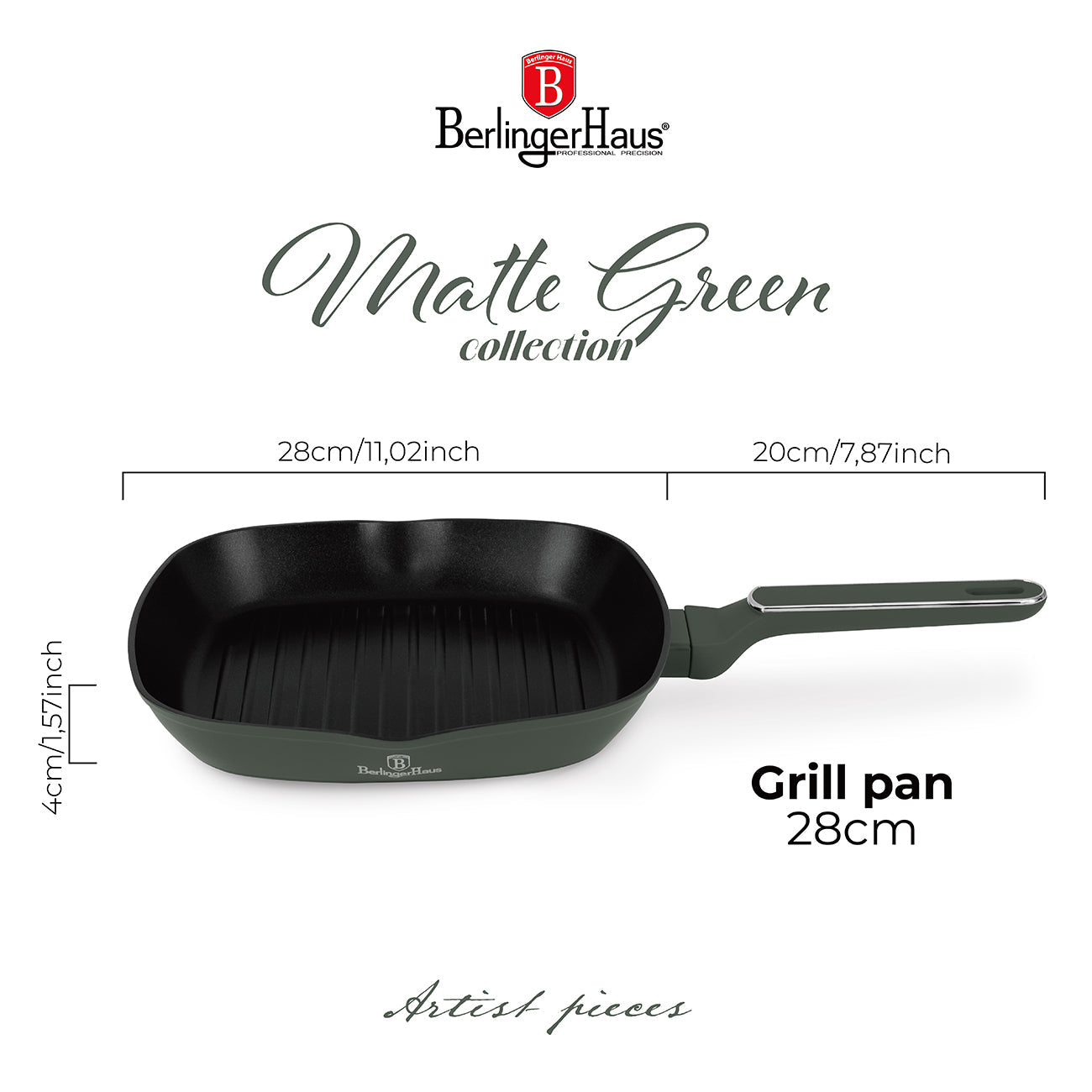 Berlinger Haus 28cm Titan Pro Non-Stick Coating Grill Pan - Matt Green