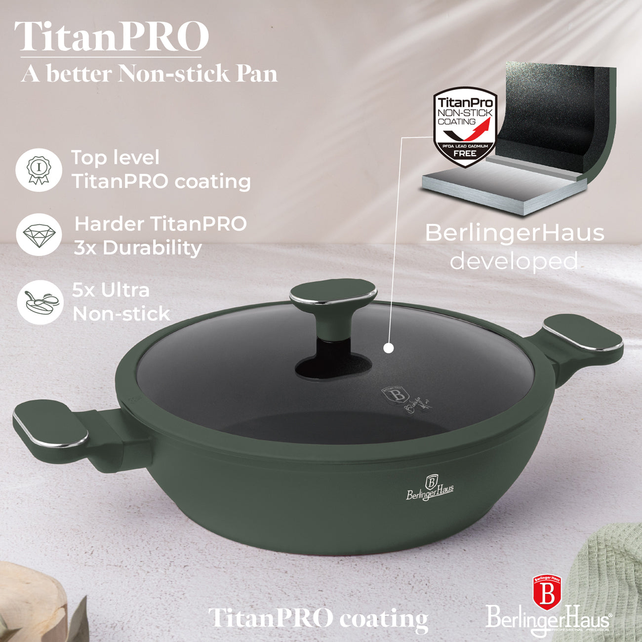 Berlinger Haus 30cm Titan Pro Non-Stick Coating Shallow Pot - Matt Green