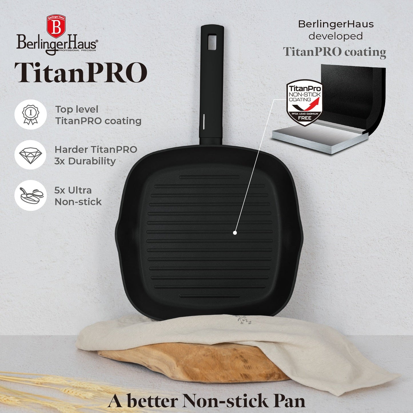 Berlinger Haus 28cm Titan Pro Non-Stick Coating Grill Pan – Matte Black