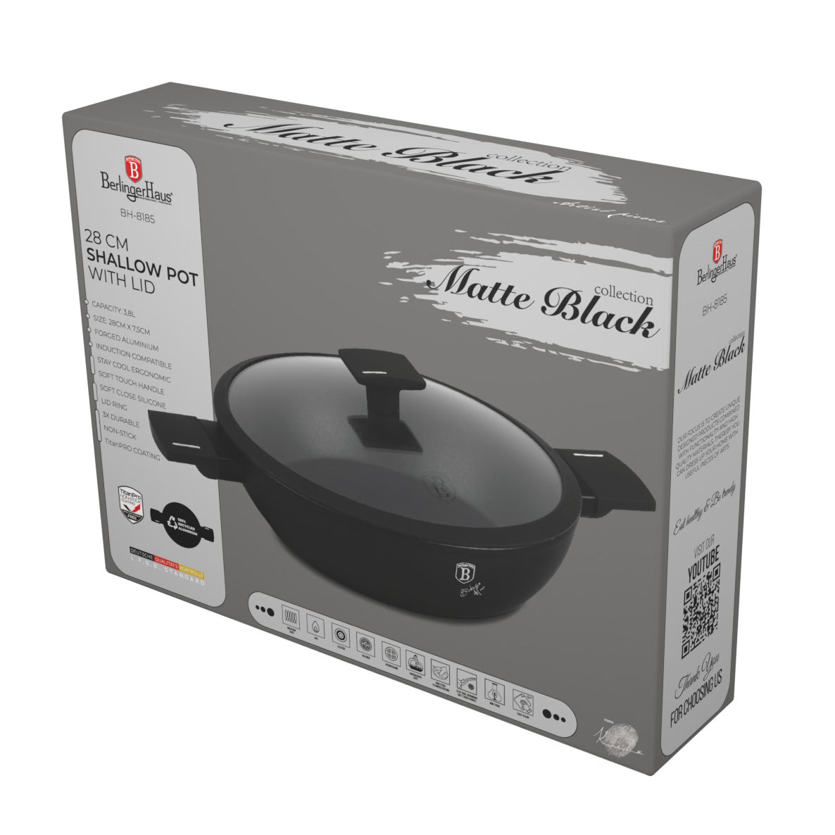 Berlinger Haus 28cm Titan Pro Non-Stick Coating Shallow Pot – Matte Black