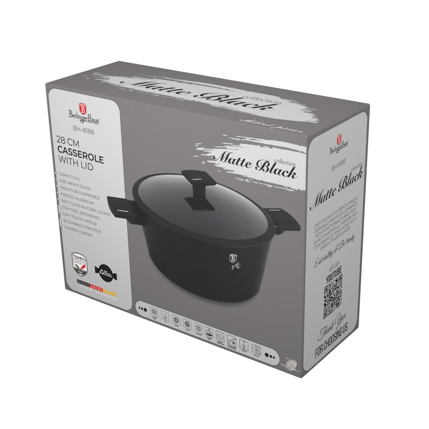 Berlinger Haus 28cm Titan Pro Non-Stick Coating Casserole – Matte Black Collection