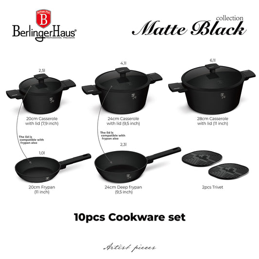 Berlinger Haus 10-Piece Non-Stick Titan Pro Coating Cookware Set - Matt Black