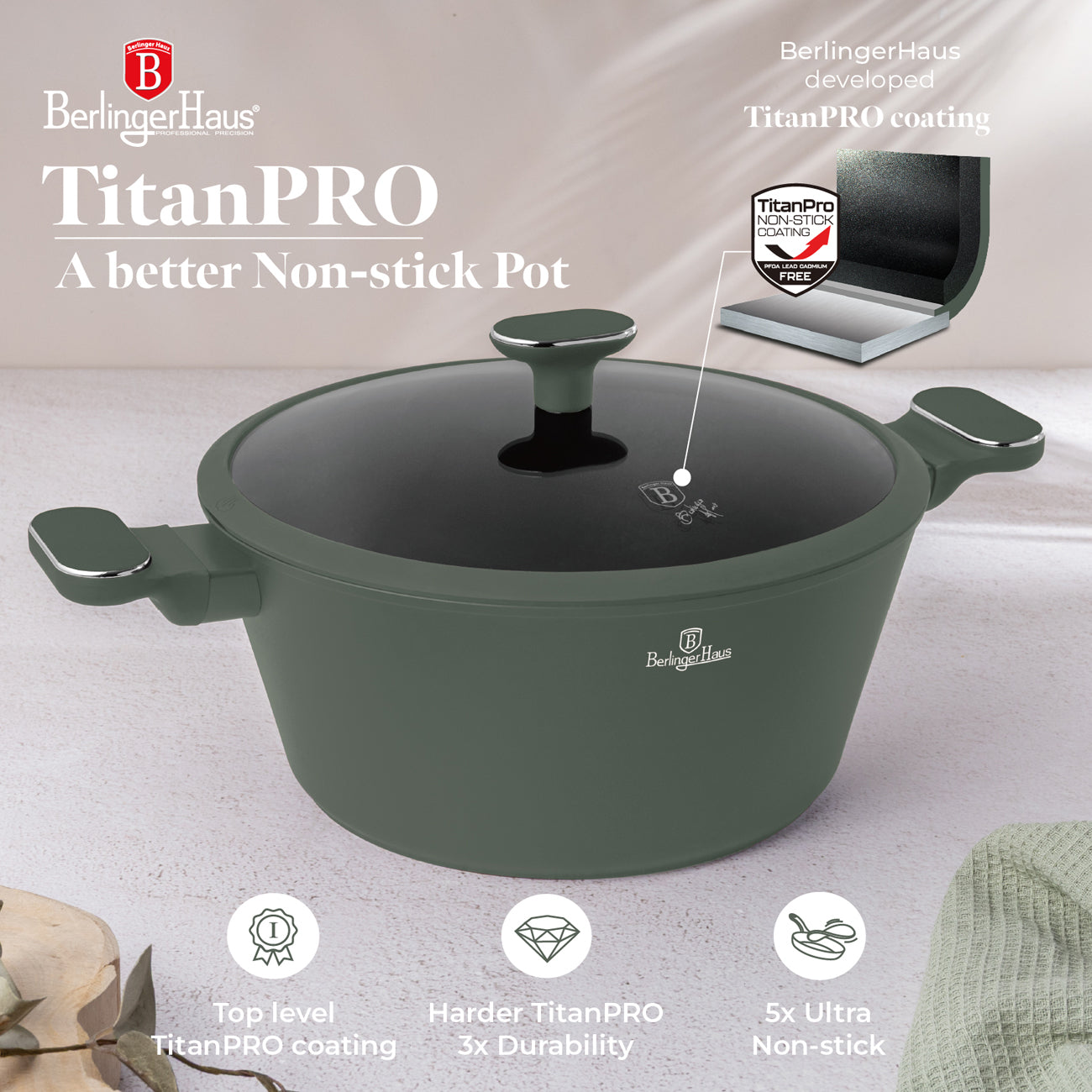 Berlinger Haus 28cm Titan Pro Non-Stick Coating Casserole - Matt Green