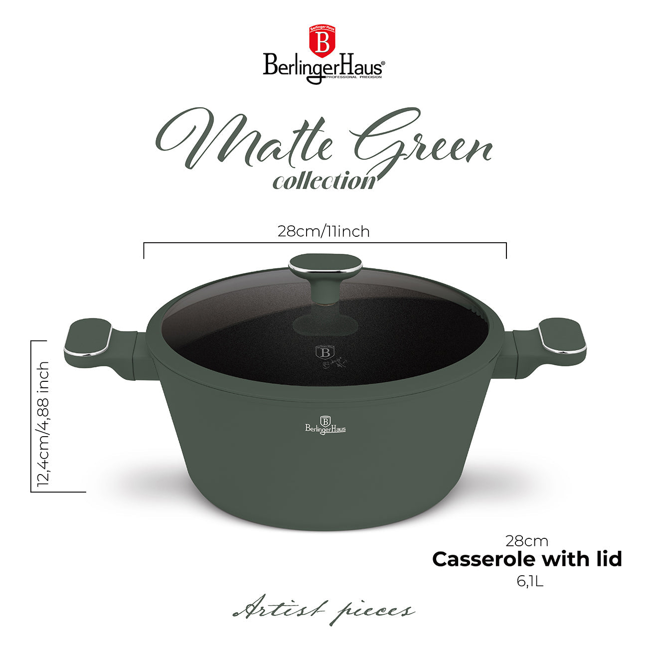 Berlinger Haus 28cm Titan Pro Non-Stick Coating Casserole - Matt Green