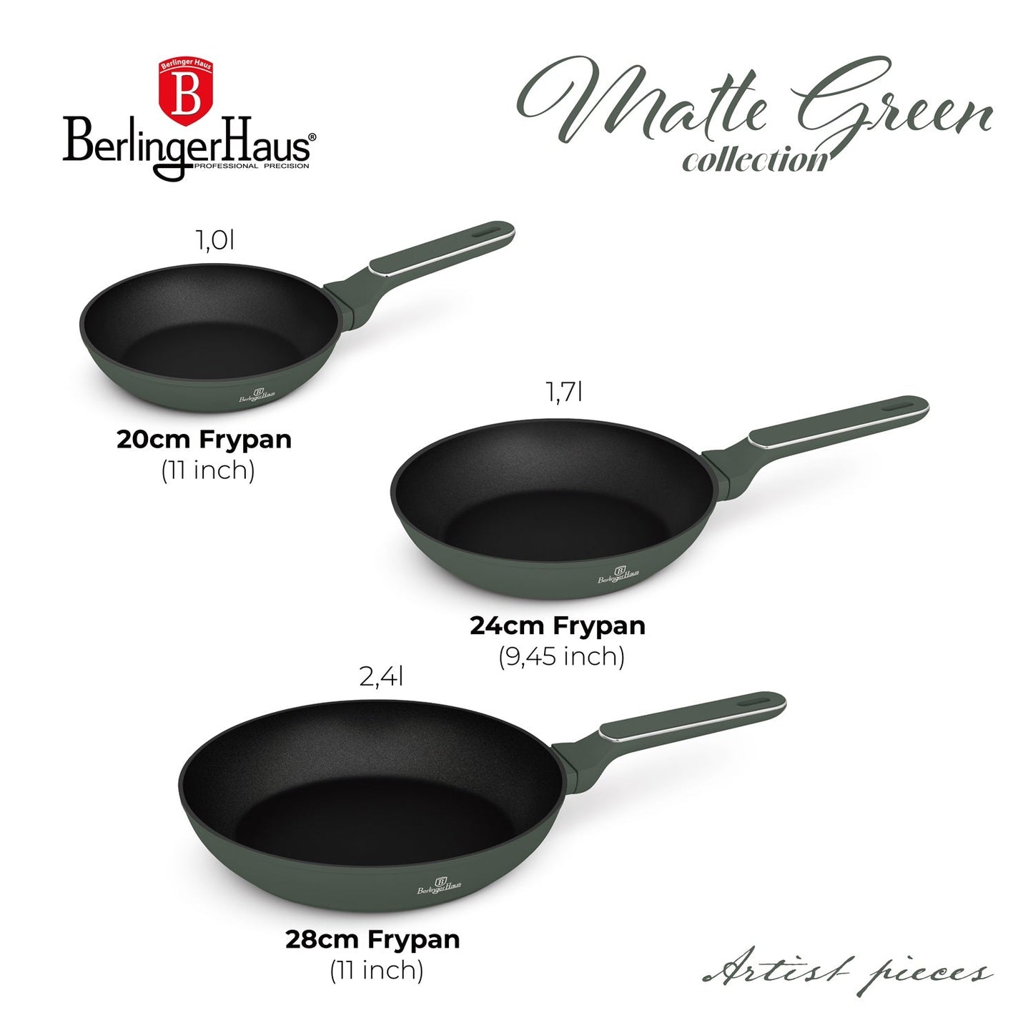 Berlinger Haus 3-Piece Titan Pro Non-Stick Coating Frypan Set - Matt Green