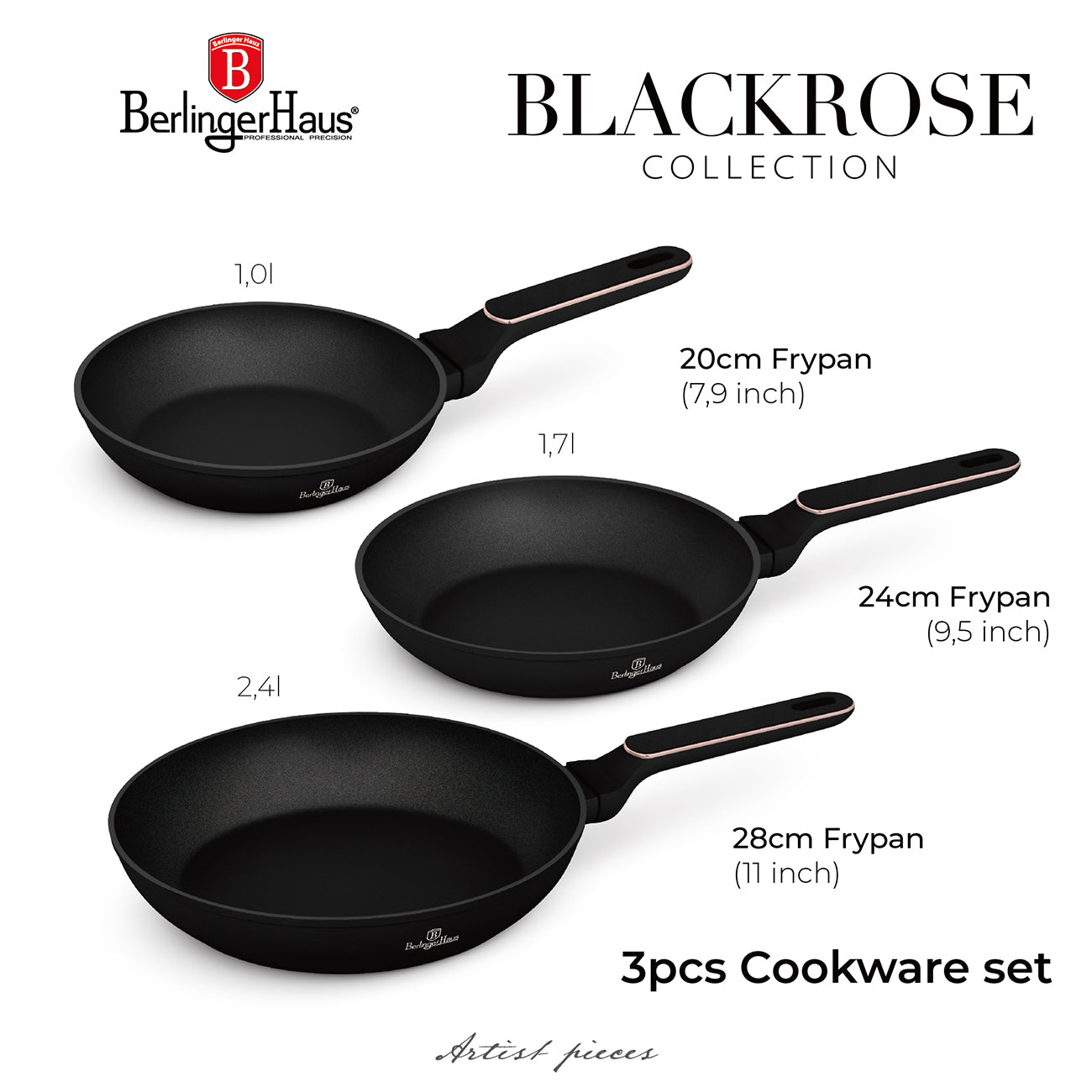 Berlinger Haus 3-Piece Titan Pro Non-Stick Coating Frypan Set – Black Rose