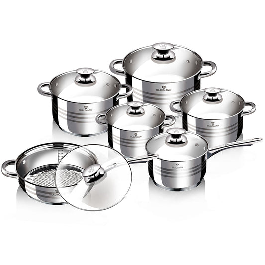 Blaumann 12-Piece Stainless Steel Jumbo Cookware Set With Glass Lid