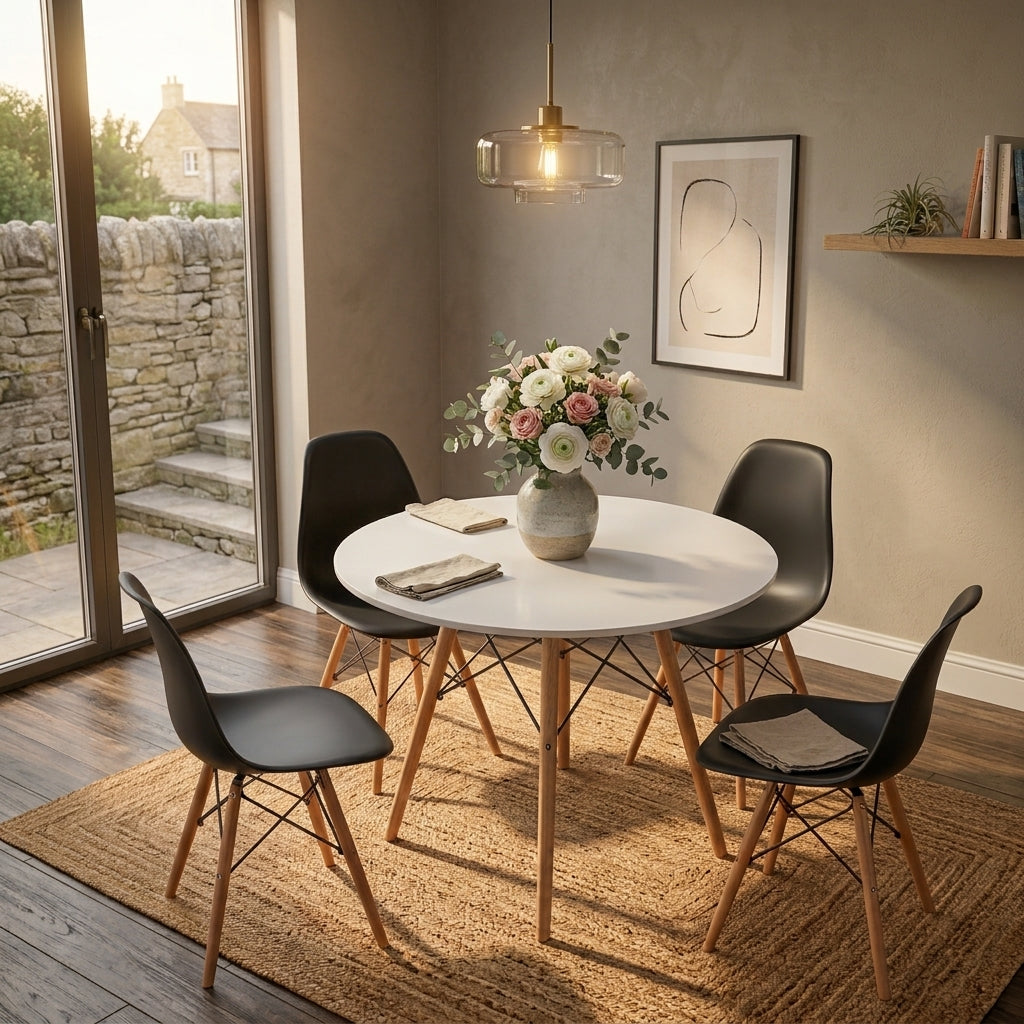 Jack Brown Modern 5-Piece Round Dining Table Set – White Table with black chairs