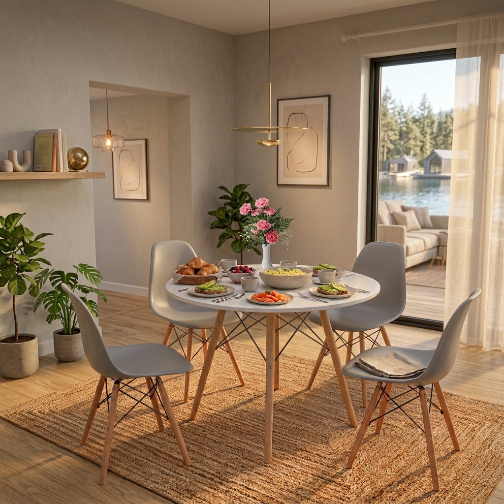 Jack Brown Modern 5-Piece Round Dining Table Set – White Table with Grey chairs