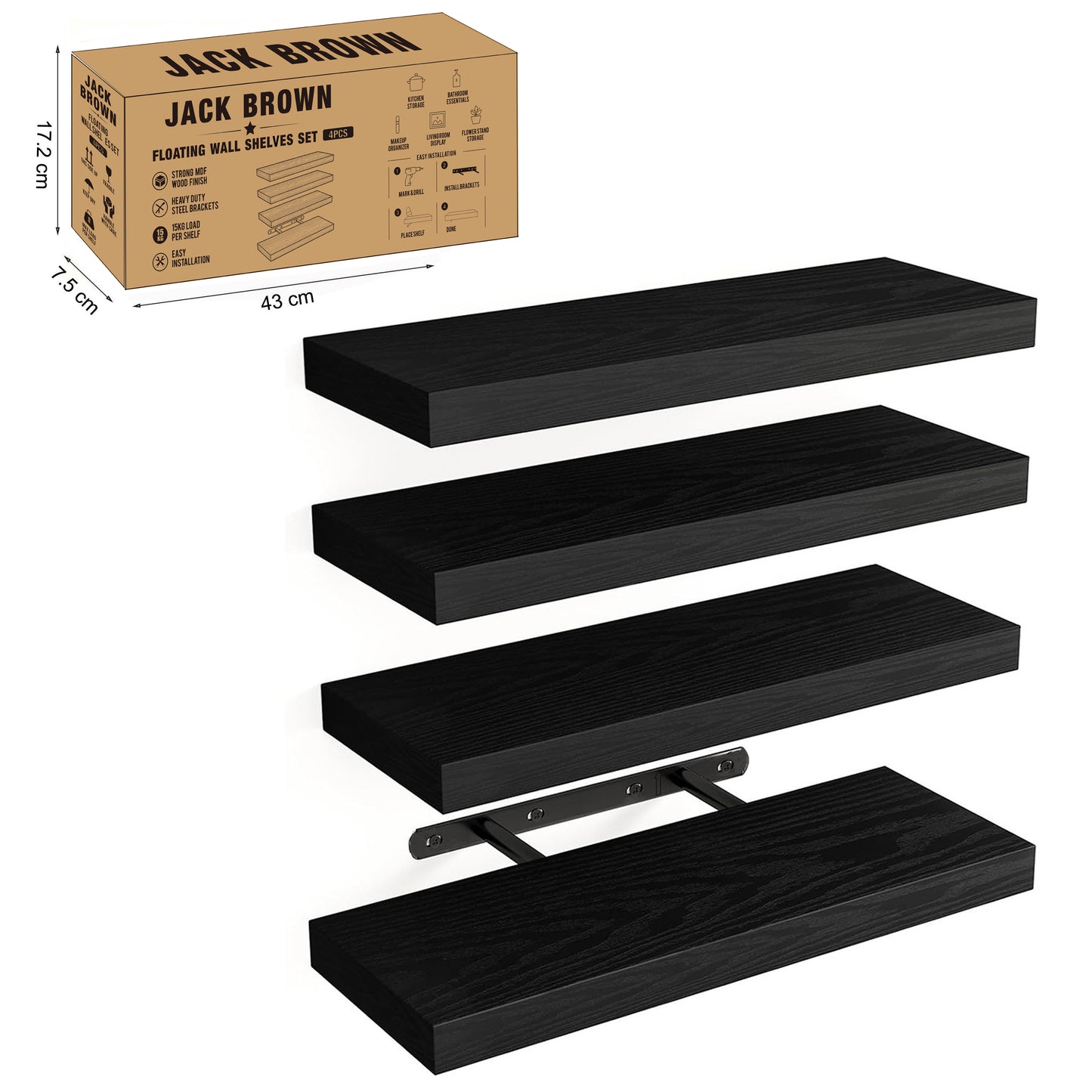 Boudoir Wood Floating Shelves – 4-Piece Set (Black)