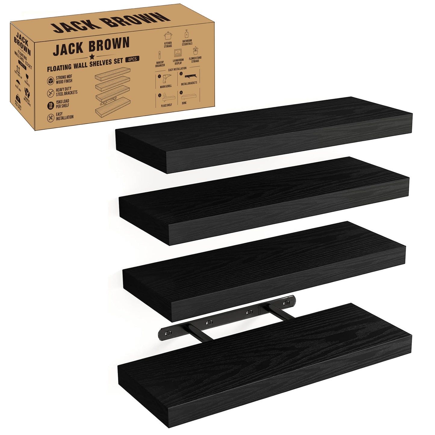Boudoir Wood Floating Shelves – 4-Piece Set (Black)
