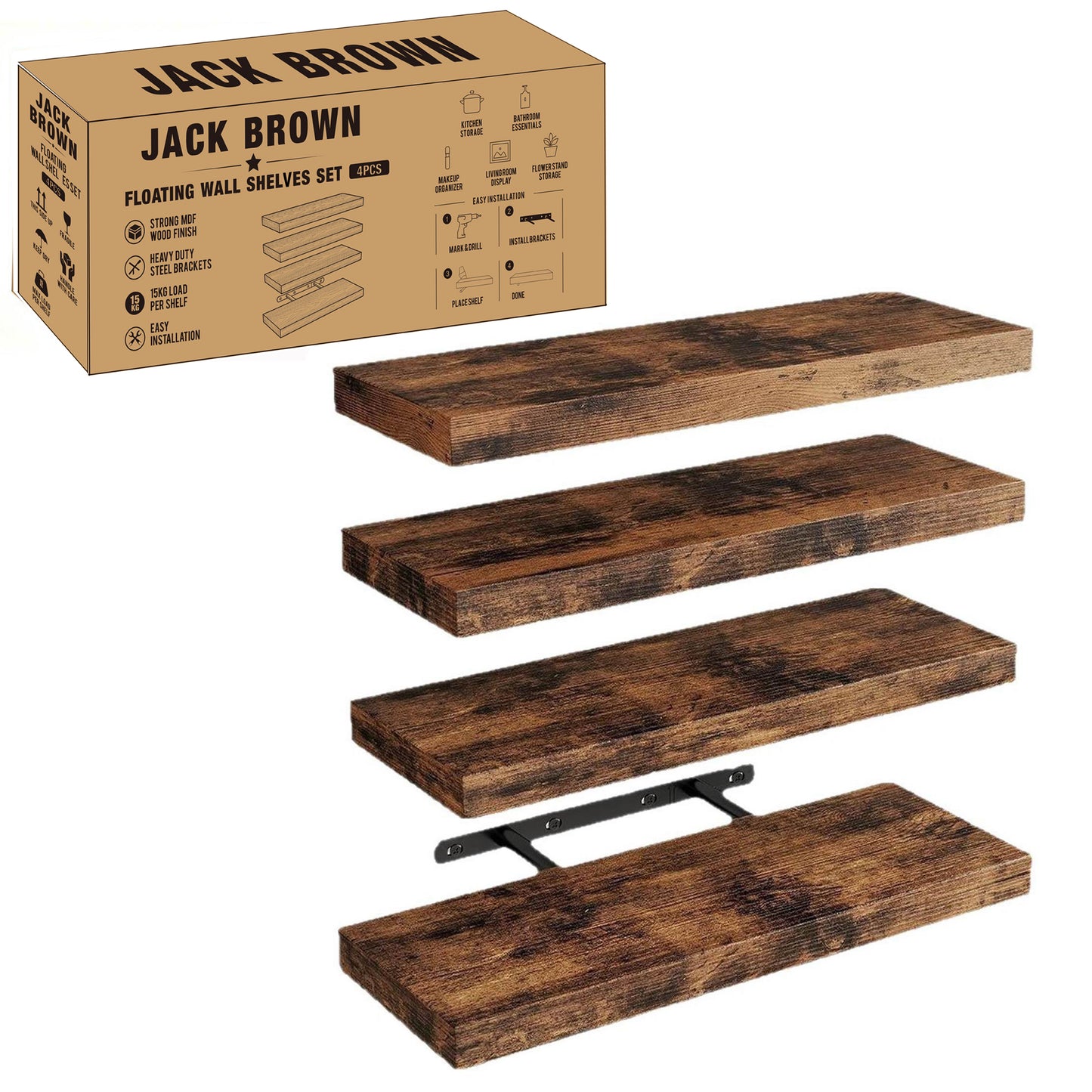Boudoir Wood Floating Shelves – 4-Piece Set (Brown)
