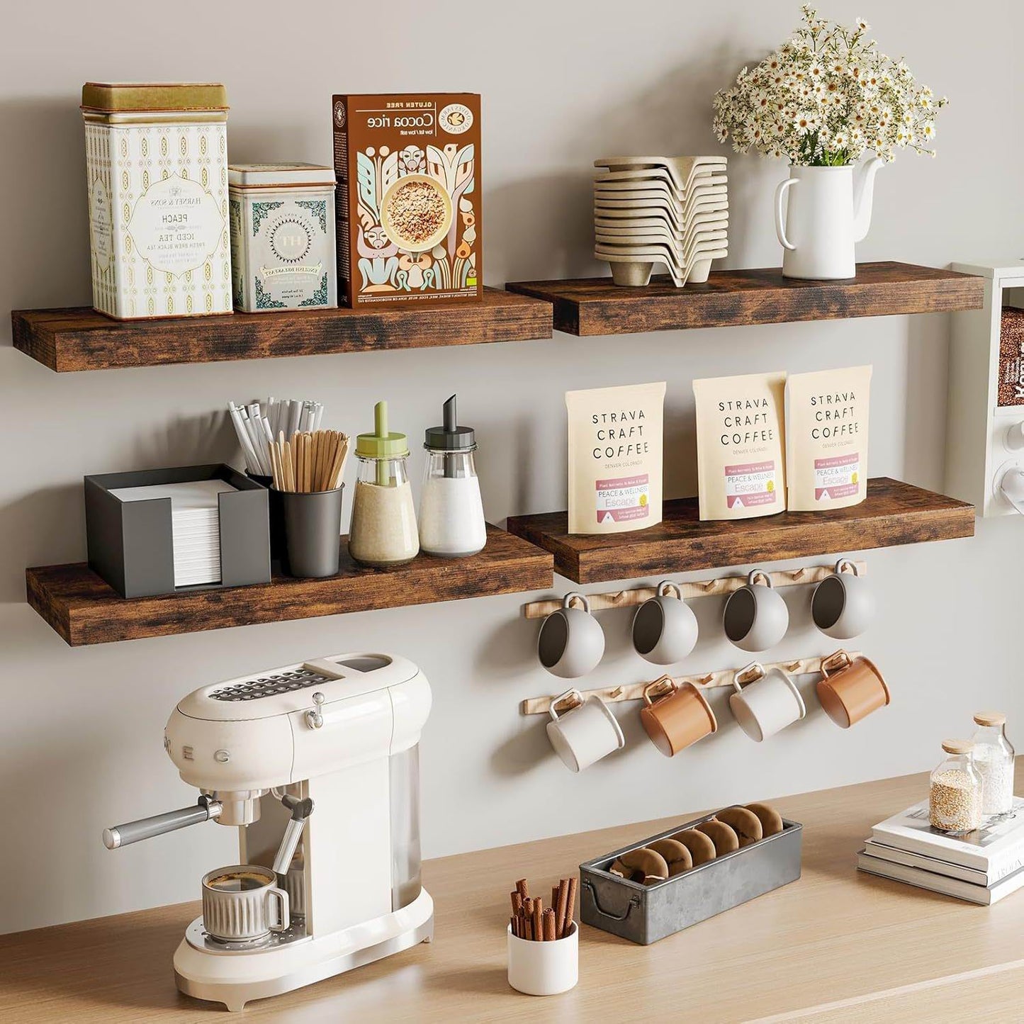 Boudoir Wood Floating Shelves – 4-Piece Set (Brown)