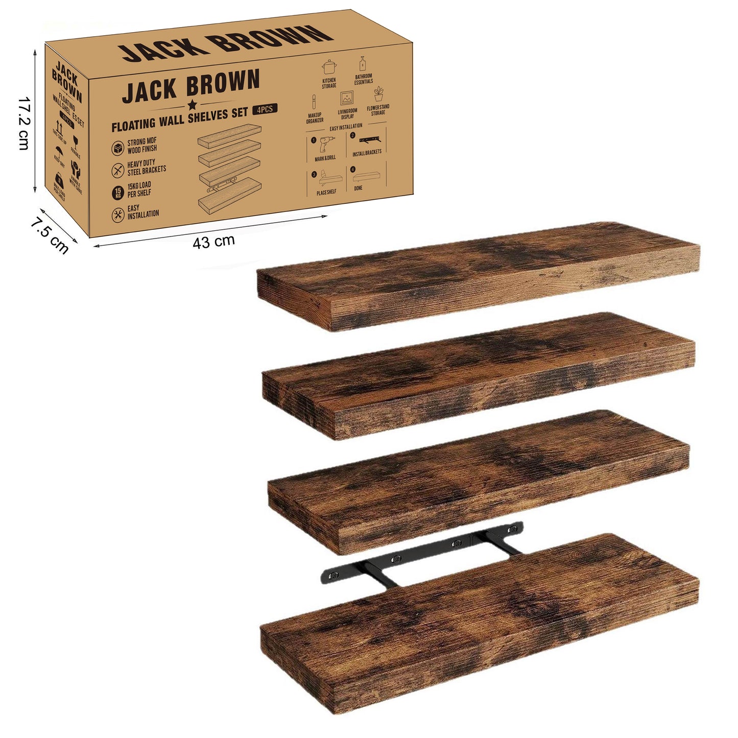 Boudoir Wood Floating Shelves – 4-Piece Set (Brown)