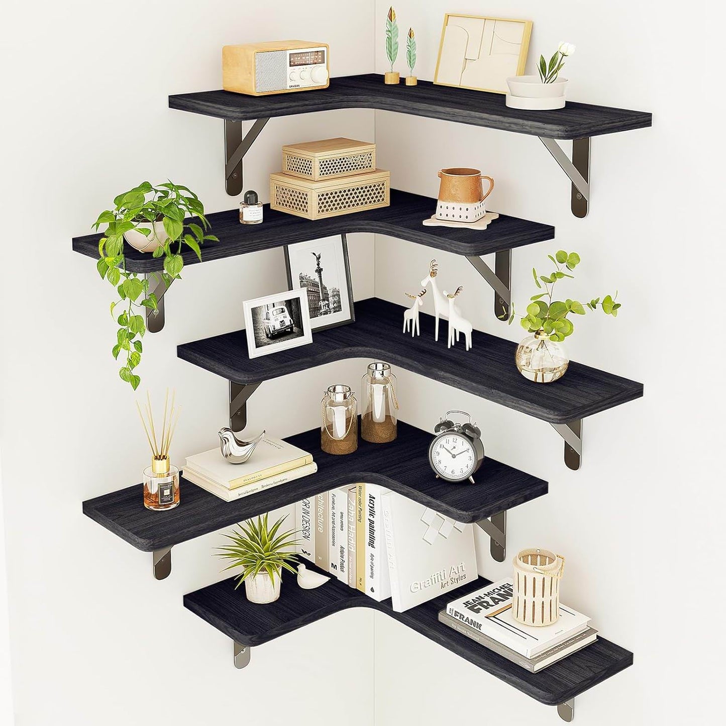 Boudoir Corner Wall Shelves – 5-Piece Graduated Set (Black)