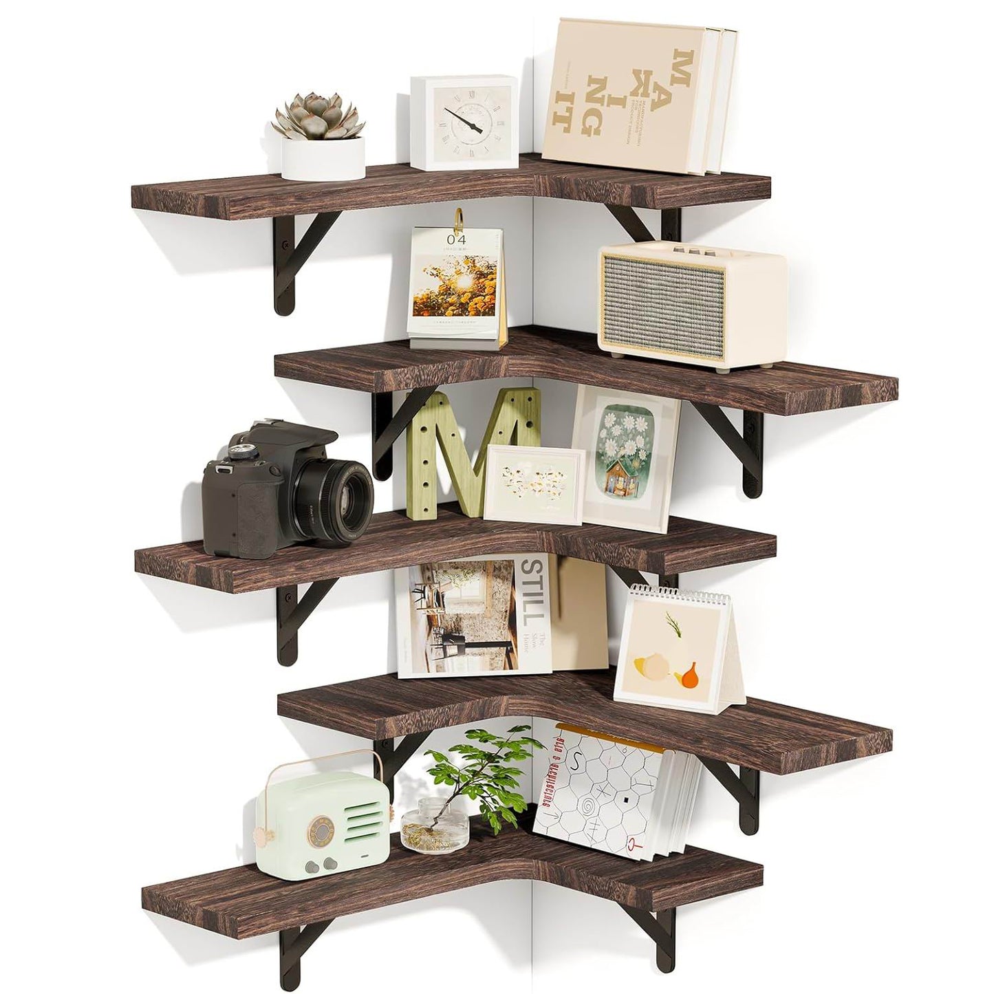 Boudoir Corner Wall Shelves – 5-Piece Graduated Set (Brown)