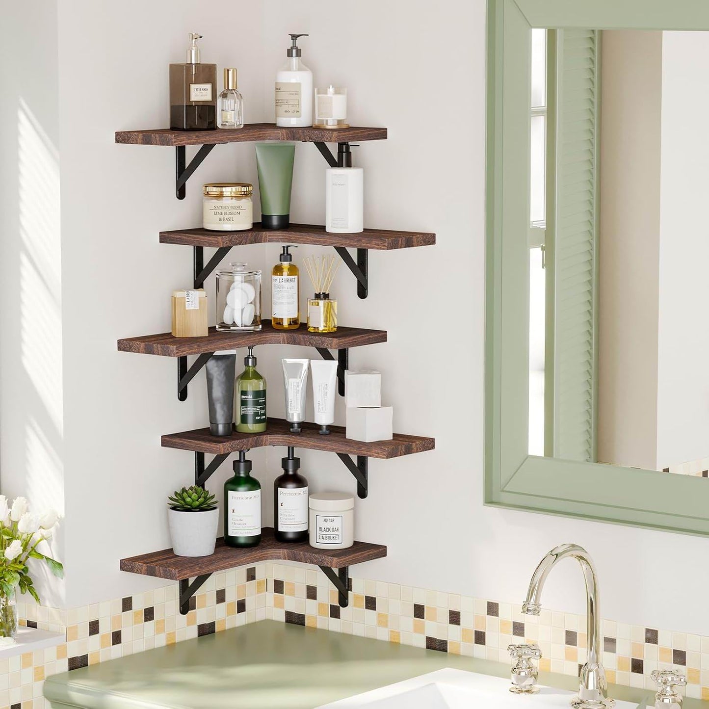 Boudoir Corner Wall Shelves – 5-Piece Graduated Set (Brown)