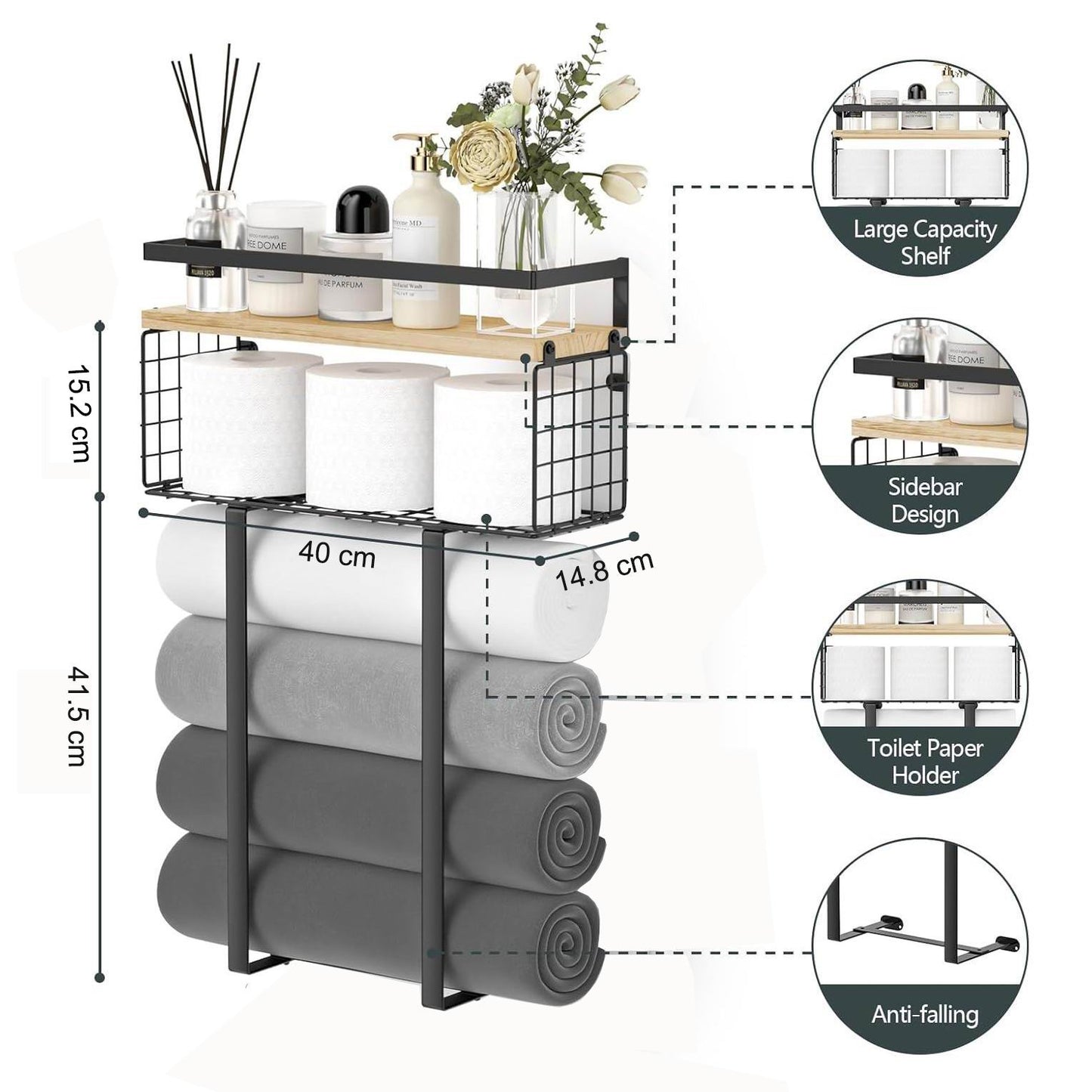 Boudoir Floating Shelf with Wire Basket (Black Frame)