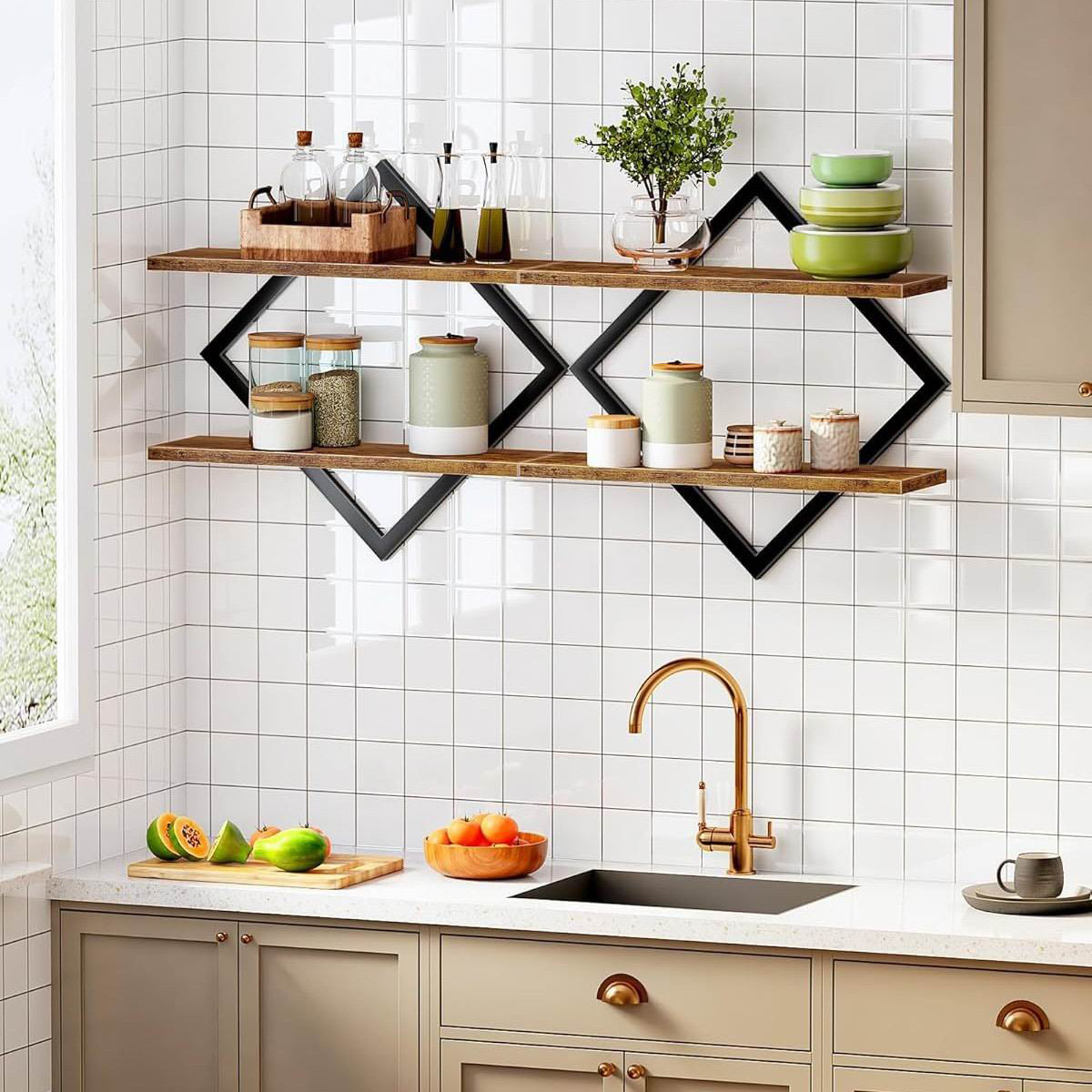 Boudoir Wall-Mounted Shelf with Diamond Lattice Frame (Brown)