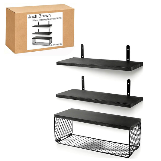 Boudoir Floating Shelves with Wire Storage Basket – 3-Piece Set (Black)