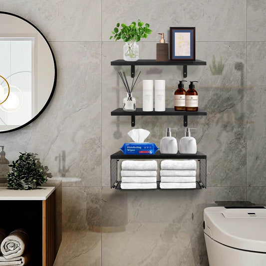 Boudoir Floating Shelves with Wire Storage Basket – 3-Piece Set (Black)