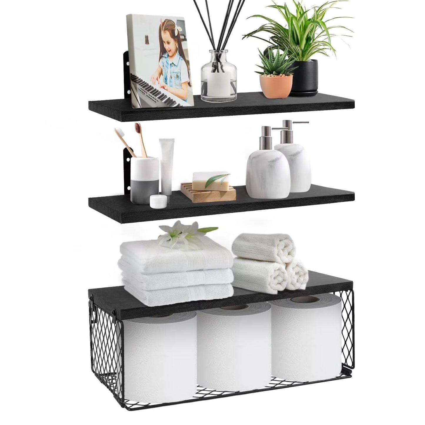 Boudoir Floating Shelves with Wire Storage Basket – 3-Piece Set (Black)