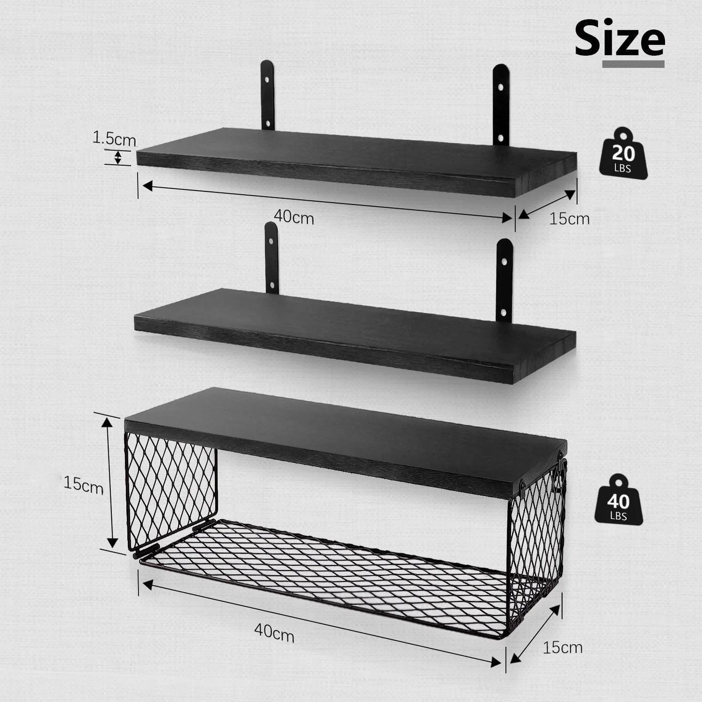 Boudoir Floating Shelves with Wire Storage Basket – 3-Piece Set (Black)